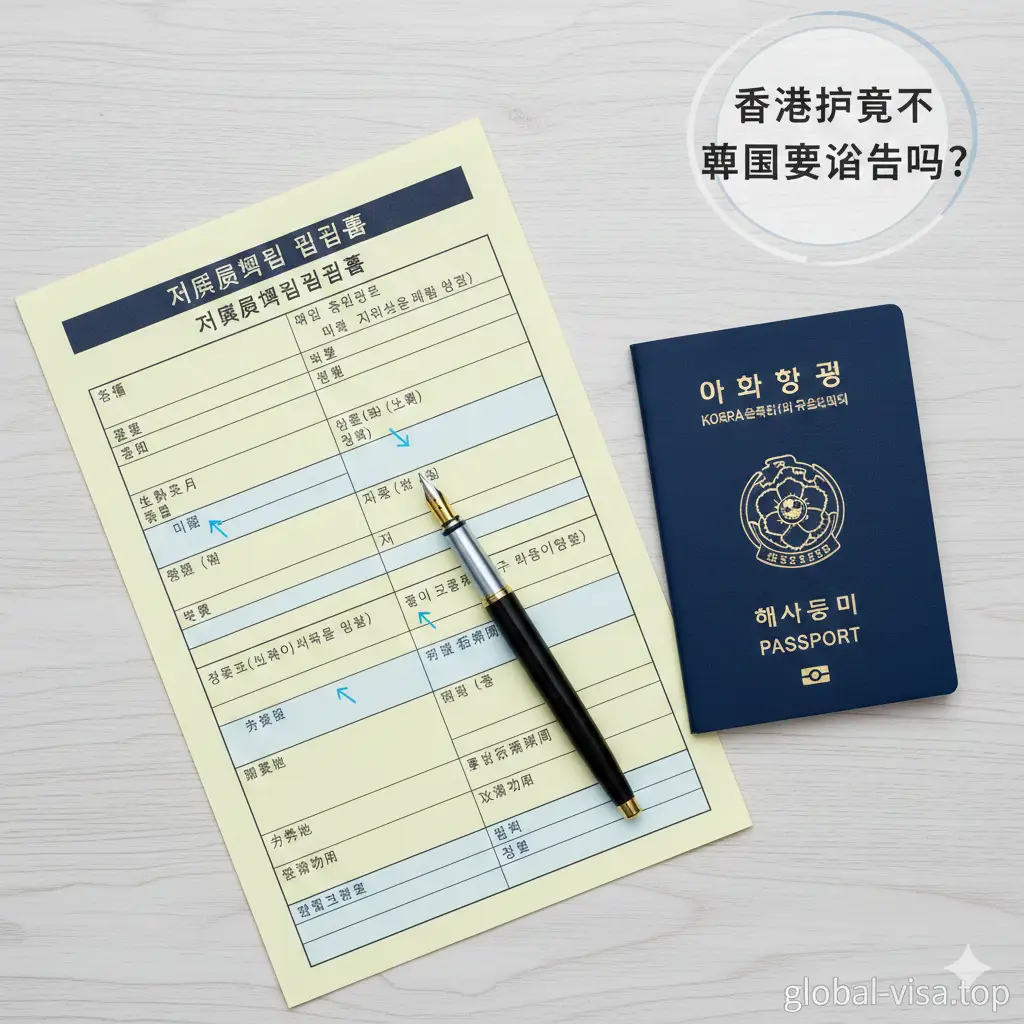 一张清晰的教程指导图片，展示如何填写入境文件。画面采用平铺俯拍构图（Flat Lay），木质桌面放着一张黄色的韩国入境卡、一支精致的钢笔、一本香港护照。画面通过微弱的指示箭头点缀，暗示填写的步骤。光线柔和自然，色调清新，旨在消除旅客对填写表格的焦虑感，并清楚展示表格的外观细节。