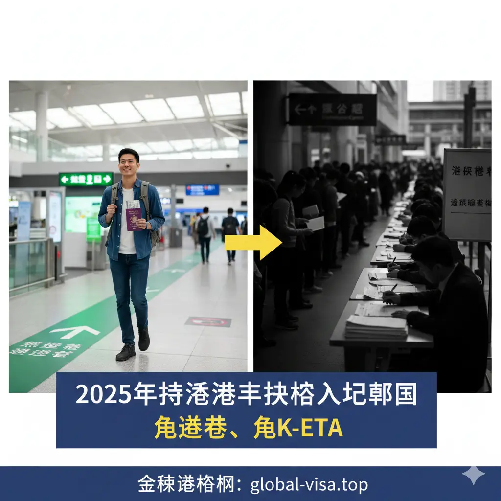 一张对比鲜明的优势展示图，采用左右分割构图。左侧展示持有特区护照的旅客背着背包、拿着护照大步走过绿灯通道，充满自由感；右侧展示纸质签证申请表和领事馆排队的剪影，形成对比。通过这种强烈的视觉反差，突显香港特区护照在2025年免签、免K-ETA入境韩国的巨大便利优势。