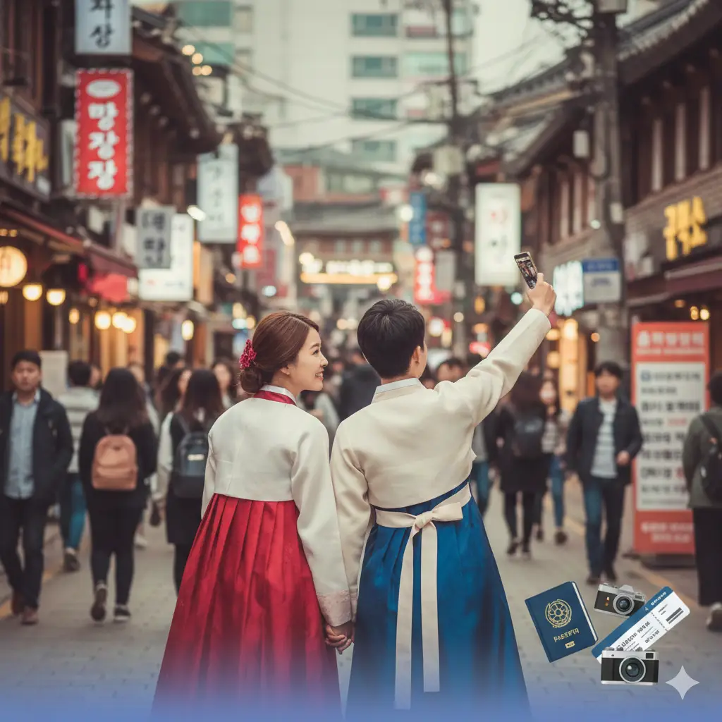 一张富有情感连接的总结图片。画面展示一对身穿韩服的年轻人或游客在首尔街头快乐合影的背影，背景是充满生活气息的明洞街道或北村韩屋村。画面角落点缀着护照、相机和登机牌的小图标。色彩丰富饱满，充满感染力，并在底部留有温和的渐变阴影，象征着一段完美旅程的总结，引导用户收藏攻略。