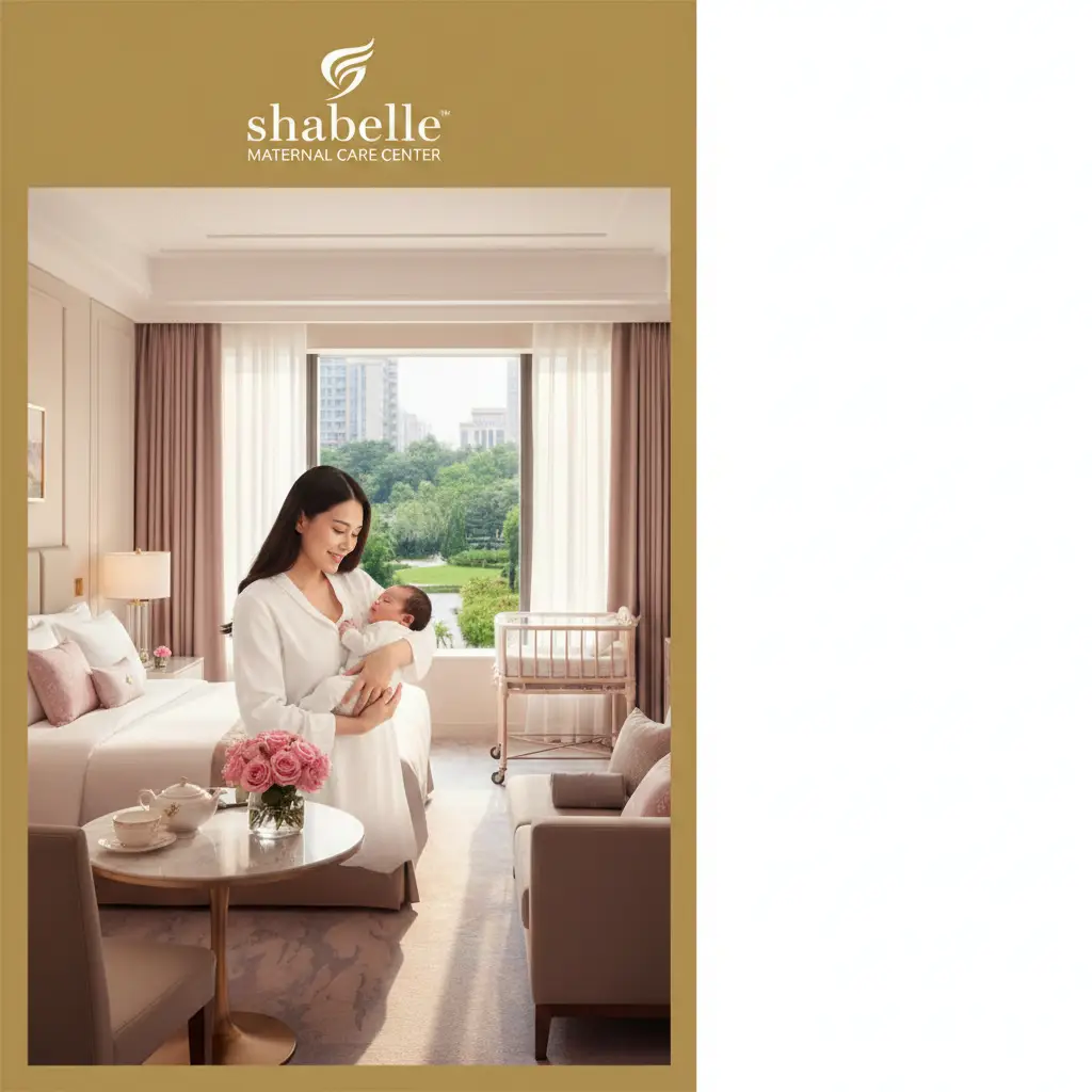 一张展现夏贝尔母婴照护中心高端质感的封面图。画面中心是一位散发母性光辉的年轻母亲怀抱新生儿，背景为五星级酒店风格的豪华月子套房。