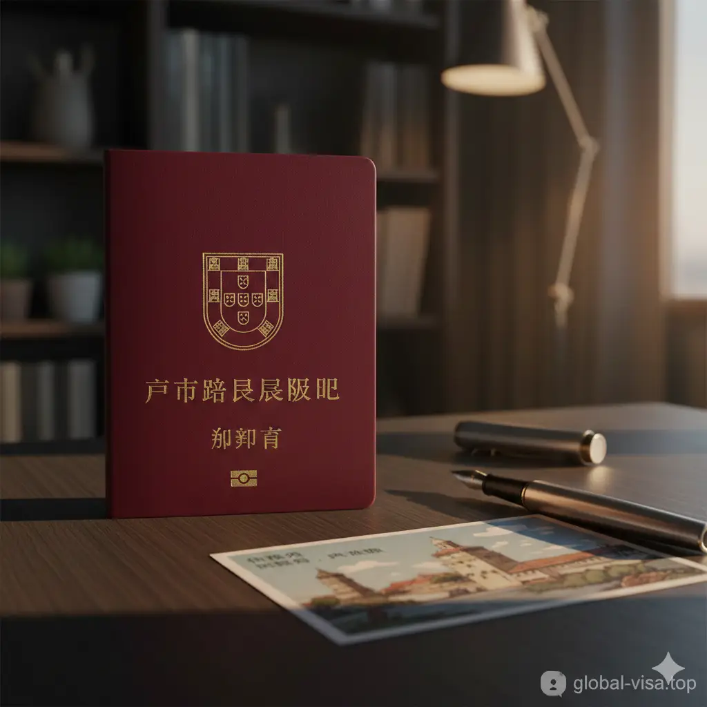 一张极具质感的葡萄牙护照封面特写，护照放置在极简主义风格的深木色书桌上，旁边摆放着一把高档钢笔和一张精美的葡萄牙里斯本贝伦塔的复古明信片。光影采用温暖的夕阳侧光，营造出一种高级感和旅行的期待感。构图采用黄金分割法，背景带有柔和的景深效果，画面色调呈现温暖的琥珀色，强调葡萄牙身份的尊贵感。