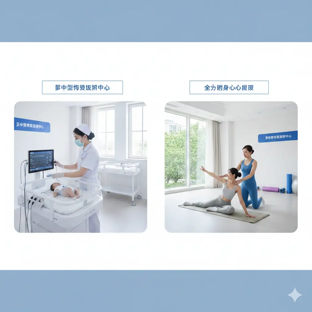一张展示夏贝尔核心医疗级照护功能的图片。左侧展现专业护理人员操作智能监测设备，右侧展现资深产后修复师指导妈妈进行物理修复训练。