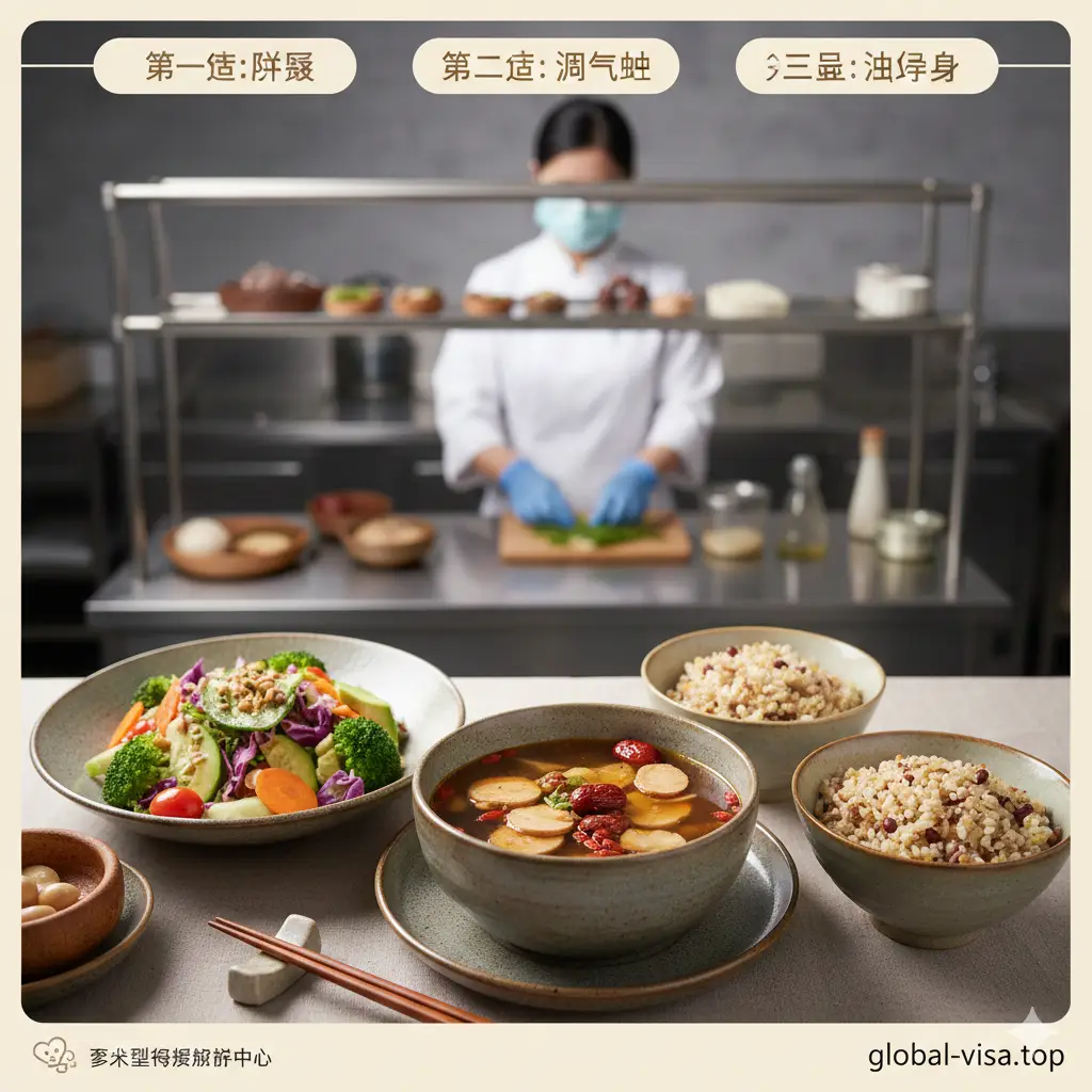 一张表现科学月子膳食调理过程的教程风格图片。近景拍摄精致的月子餐点，包含药膳汤饮，画面中加入排、调、补三阶段标识。