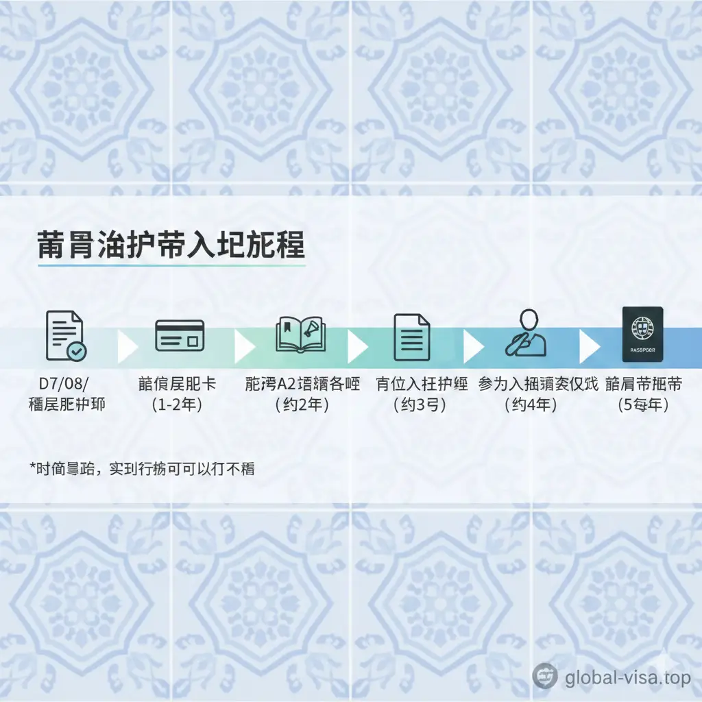 一张清晰的入籍流程教程示意图。采用线性构图，从左到右展示从获得D7/D8/基金居留卡到5年后换取葡萄牙护照的各个阶段。视觉上使用精致的进度条设计，每个节点配有小图标，如文件提交、居留卡下发、语言考试合格证、最终宣誓入籍。色彩清新透明，背景采用淡雅的葡萄牙瓷砖花纹，信息传达准确且易于理解。