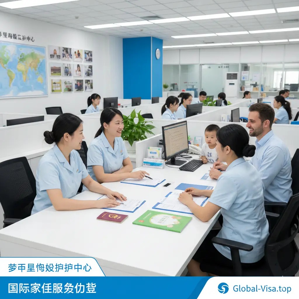 一张突出夏贝尔母婴照护中心针对国际家庭服务优势的图片。工作人员正为外籍家庭提供咨询，桌上放着护照、签证申请表和育儿手册。