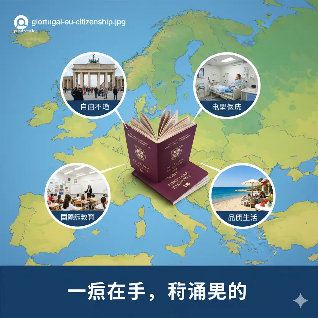 一张展现欧盟公民身份优势的创意拼贴图。画面中心是盛开在欧洲地图上的葡萄牙护照，周围放射出多个视觉窗口，分别展示：柏林勃兰登堡门的自由通行、高尖端的欧盟医疗环境、顶级的国际学校课堂场景以及优美的地中海生活方式。色彩鲜艳、饱和度高，充满活力与希望，采用俯瞰视角构图，强调‘一照在手，通行欧洲’的宏大感。