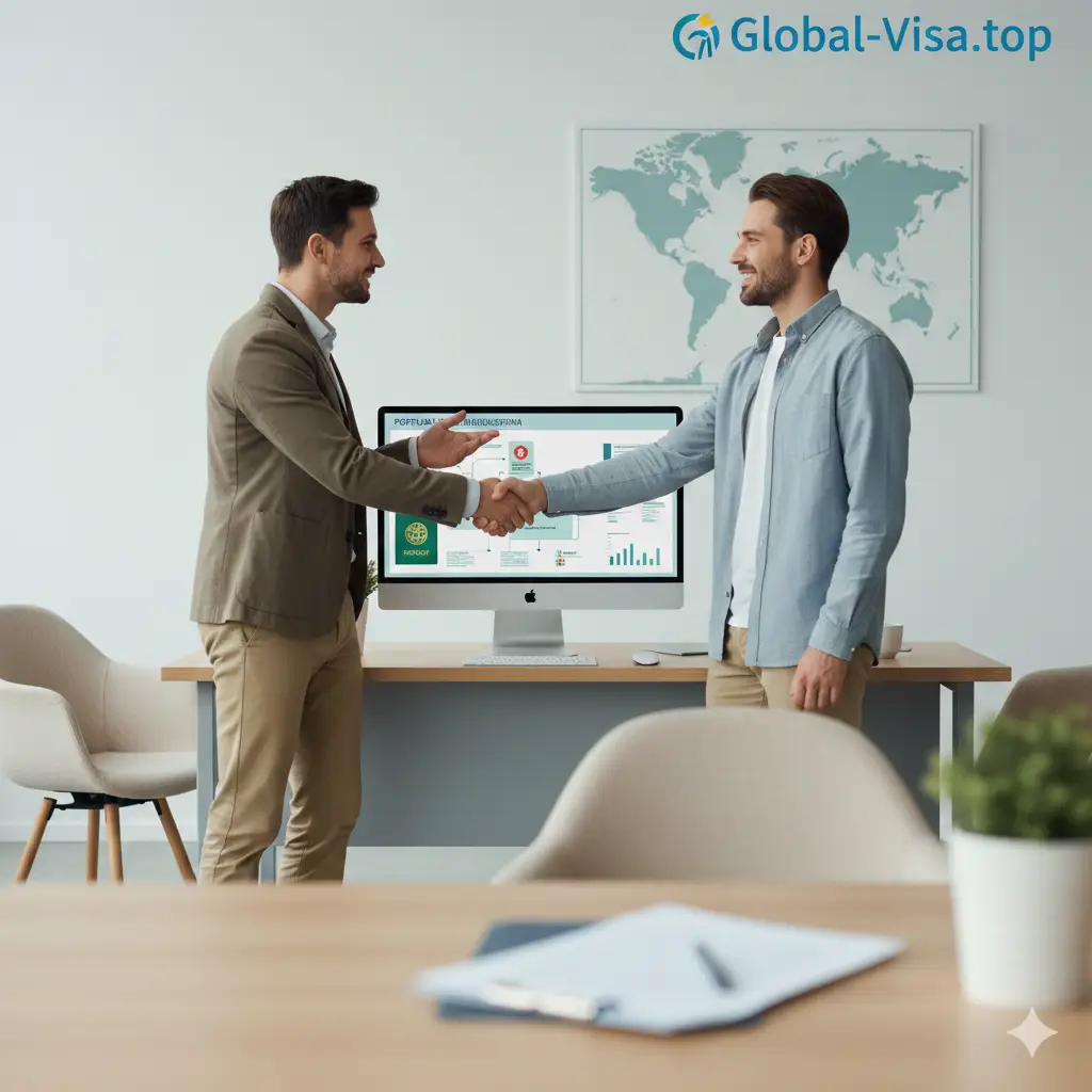 一张温馨且专业的总结性图片。一名专业的移民顾问正在通过大尺寸显示器向一对年轻夫妇展示葡萄牙移民方案，背景是极简设计的办公空间，墙上挂着一张带有Global-Visa.top标志的地图。画面充满了信任感与合作氛围，前景模糊处理，视觉焦点落在顾问与客户握手或共同查看文档的积极互动上，色调明亮、柔和，传递出成功申请的信心。