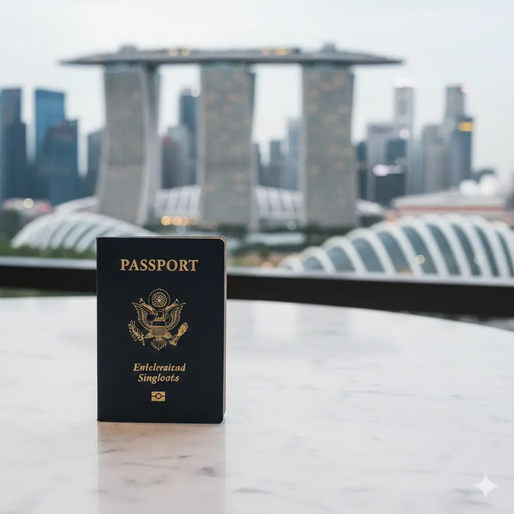一张高质量的旅游封面图。左侧近景是一本深蓝色的美国护照，放置在干净的白色大理石桌面上。背景通过柔焦展示新加坡滨海湾金沙酒店的壮丽天际线。整体色调明亮、通透，充满现代感与商务旅行的氛围。构图采用黄金分割法，右侧留白方便后期添加标题文字，展现出轻松跨境出行的视觉感。