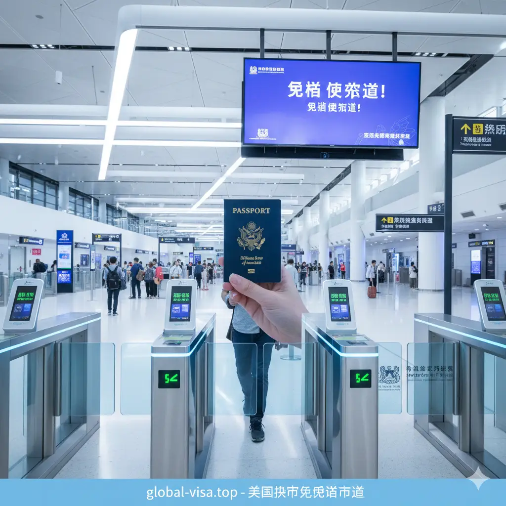 展示新加坡樟宜机场全自动入境闸机的场景。画面中心是一名持有美国护照的旅客正通过电子感应门，背景是干净、科技感十足的机场候机大厅。色调以科技蓝和简洁白为主，体现高效、快捷的免签入境功能。细节处展示护照上的鹰徽标志与新加坡入境处的标识，传达出流程简便的核心特性。