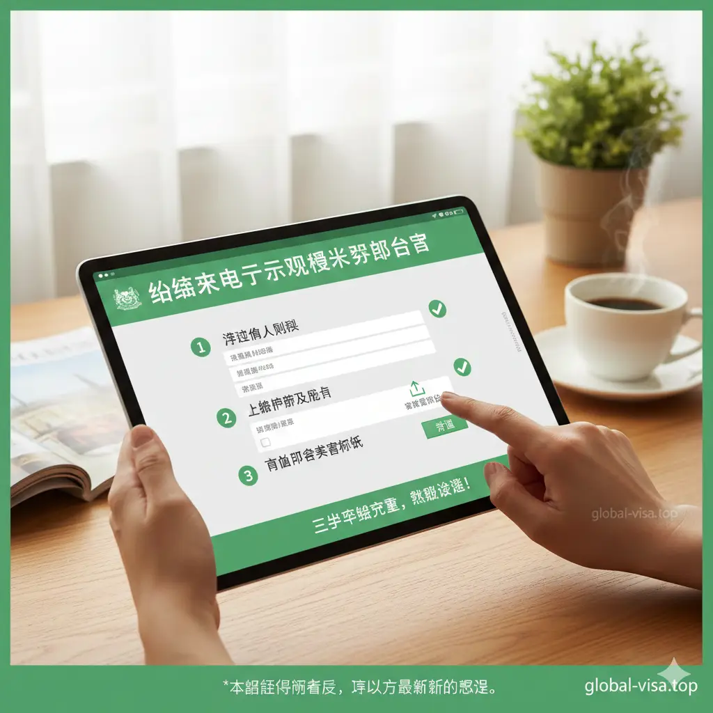 一张清晰的数字教程图片。画面展示一只手正在操作平板电脑，屏幕上显示着新加坡SG Arrival Card（电子入境卡）的填写界面。界面设计简洁易懂，带有绿色的‘已完成’打钩标志。背景是温馨的居家办公环境，色调温暖和谐，构图聚焦于屏幕细节，旨在指导用户如何简单三步完成入境前的在线申报手续。