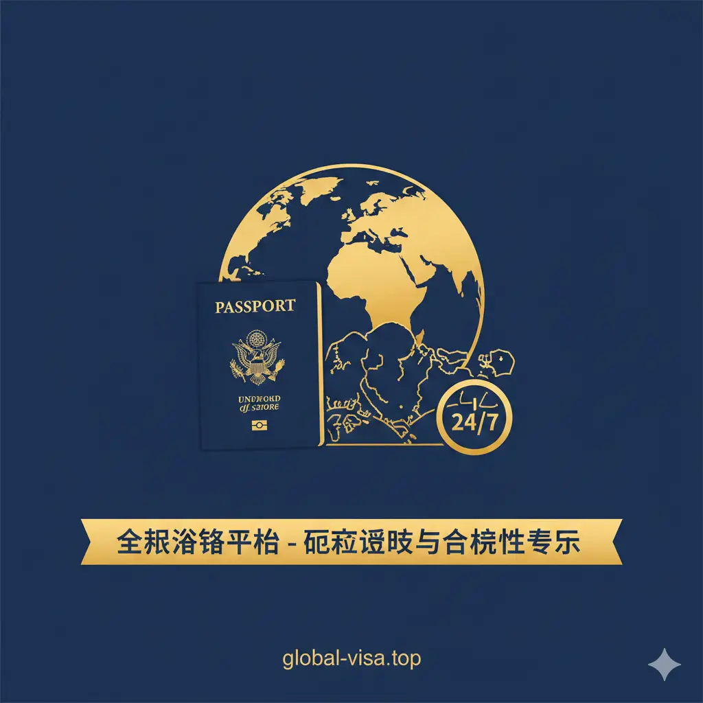 体现全球签证咨询服务的专业优势图。画面包含多种元素：地球仪、美国护照、新加坡地图以及一个代表24/7服务的时钟图标。采用极简主义矢量设计风格，色彩使用深蓝色和亮金色，传达出权威、专业且值得信赖的品牌形象。构图整齐有序，强调Global Visa平台在政策解读和合规性方面的优势。