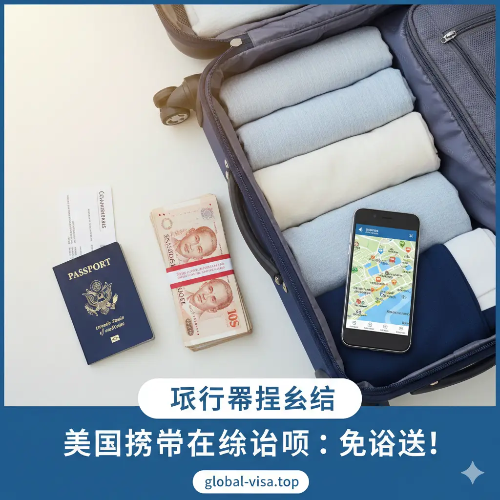 一张总结性的旅行清单视觉图。画面中心是一个整洁的旅行箱，旁边散落着护照、登机牌、新加坡元现金和一部显示新加坡旅游地图的智能手机。整体色调清爽，使用俯视拍摄角度（Flat Lay）。光线柔和，传达出一切准备就绪、旅程圆满开始的安心感，寓意美国护照持有者去新加坡的行程规划完美结束。