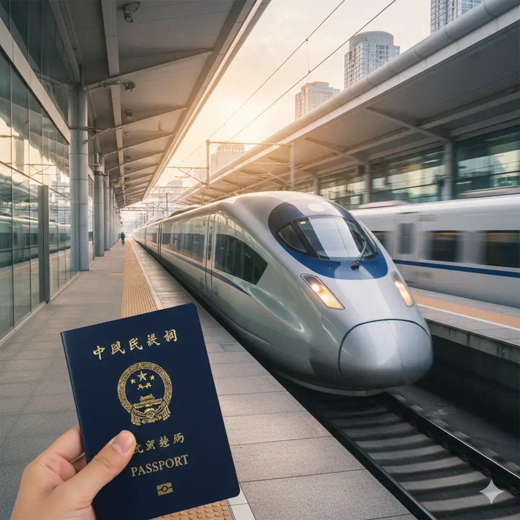 一张极具视觉冲击力的封面图。背景是一列银色涂装的复兴号高铁列车正在极速驶过现代化的火车站台,前景特写一只手拿着一本带有金色国徽的护照。图片采用明亮的自然光,冷暖对比色调,体现出旅行的便捷与现代感。构图采用对角线构图,左上角留有足够的空白位置适合添加标题文字,风格专业且具有国际化视野。