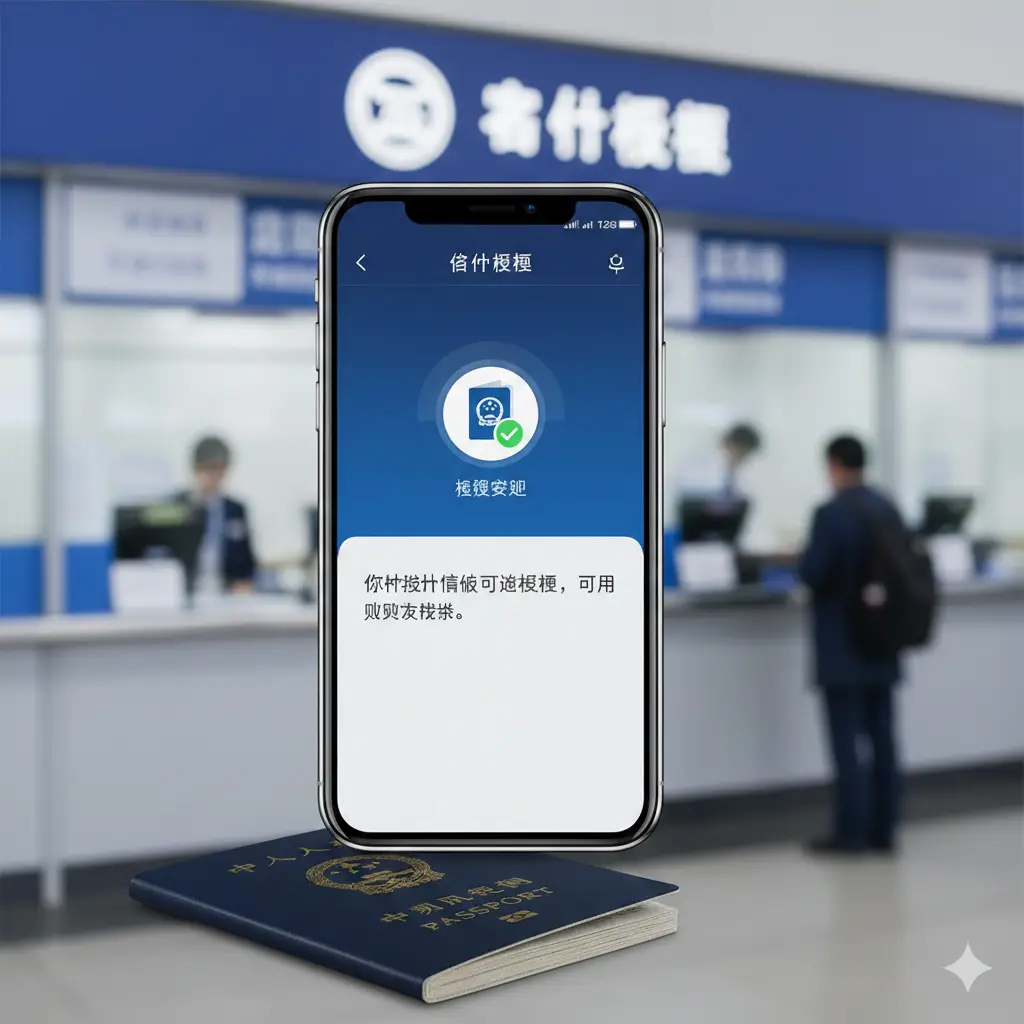 展示功能性的画面。画面中心是一台智能手机,屏幕上清晰显示着12306 APP的身份核验界面,背景模糊处理,隐约可见火车站的人工售票窗口。风格现代且具有科技感,色彩以12306官方的蓝色调为主。元素包括护照原件、手机屏幕上的核验状态图标。整体构图简洁,强调护照与在线购票系统之间的数字化连接。