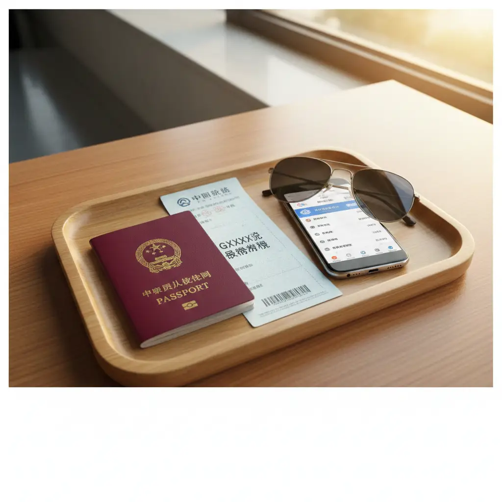 总结性视觉图片。画面中心是一个精致的旅行托盘,上面整齐摆放着一本护照、一张高铁报销凭证、一部手机和一副太阳镜。背景是温暖的木质桌面或候车室长椅,光线柔和。整体构图平衡,具有高级感和归属感。色彩以暖色调为主,寓意完美的旅行圆满结束。图片下方留白,适合放置global-visa.top的站点标志或总结文字。