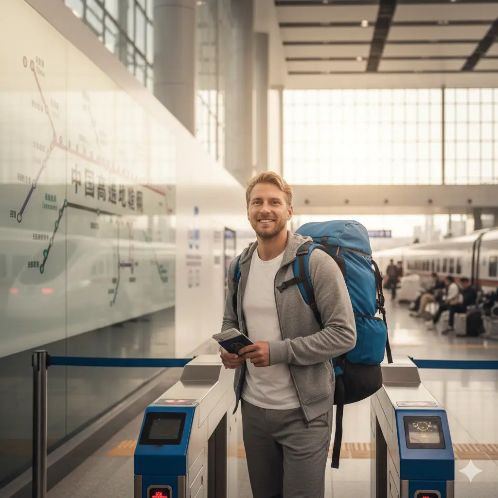 一张高质量的商务旅行风格封面图。画面中心是一本清晰的中国电子护照资料页特写，焦点聚集在‘姓名’栏的拼音上。背景点缀着国际机票、登机牌和精致的钢笔，整体色调以温暖的旅行日光色为主，搭配深蓝色的商务感。构图采用俯视微距拍摄，光影通透，右上角预留位置可放置‘2025最新指南’的文字标题，视觉传达出专业与严谨的感觉。