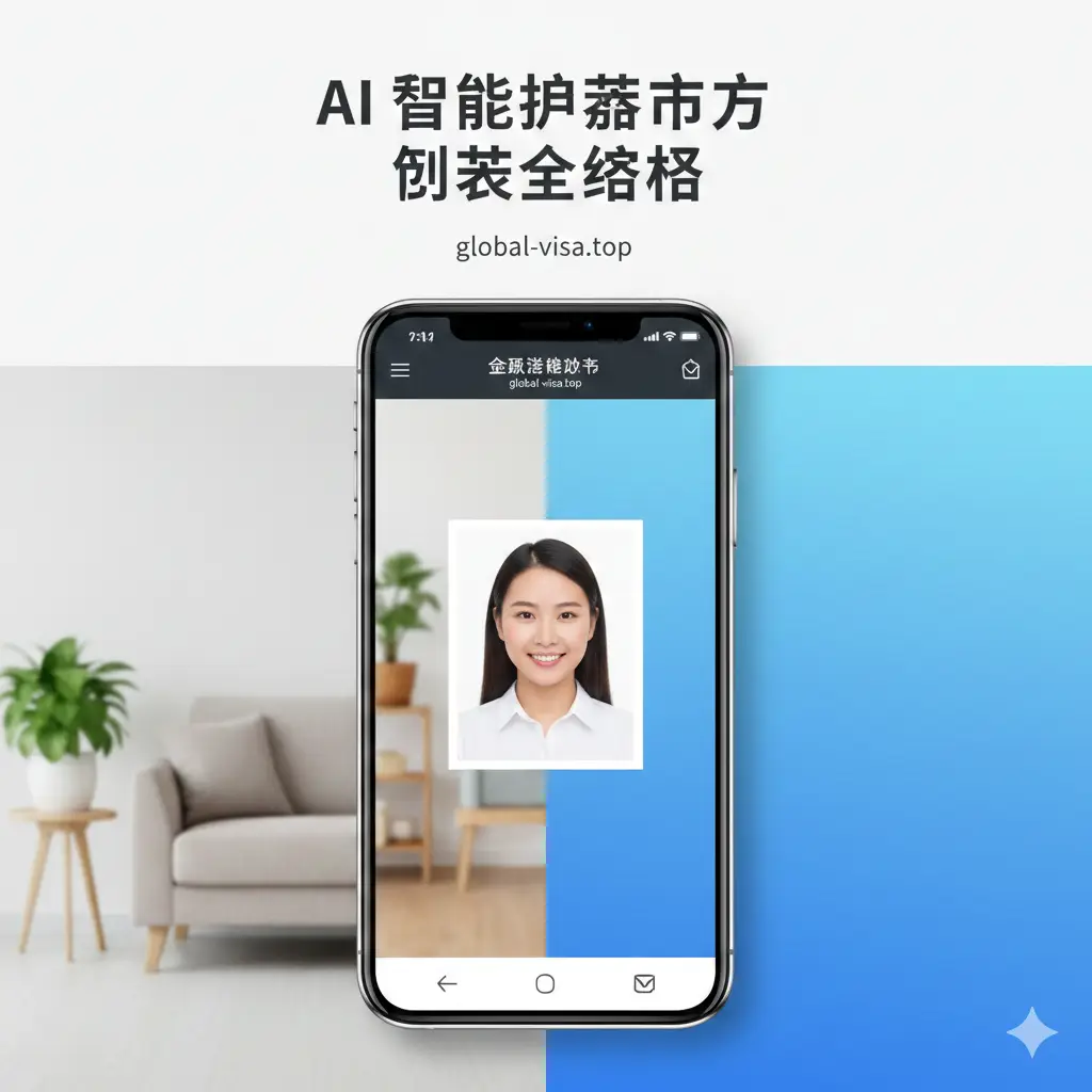 一张富有现代感和科技感的文章封面图。画面中心展示一部智能手机,屏幕上运行着global-visa.top的界面,显示一张完美的护照照片正从模糊背景中提取出来。背景一边是居家客厅的温馨自然光,另一边是专业处理后的纯白背景。色彩以明亮的白色和科技蓝为主,上方配有醒目的中文标题‘AI智能护照照片制作全攻略’,构图简洁大气,体现出在家就能拍出专业证件照的便捷感。