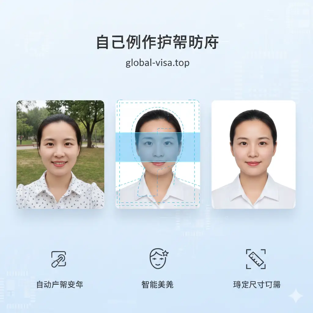 展示global-visa.top核心AI功能的示意图。采用三分割构图:左侧展示原始生活照,中间是AI进行边缘检测和抠图的动态扫描线条效果,右侧是处理完成的48mm x 33mm标准中国护照照片。图片中加入微缩图标代表‘自动背景替换’、‘智能美颜’和‘精准尺寸裁剪’,色调清新专业,背景使用淡雅的科技纹理,突出AI技术的精准与高效。