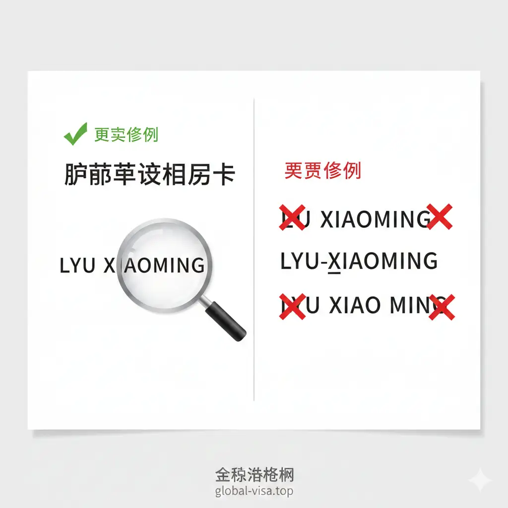 一张对比式的教程图片，专门解析‘吕’字拼写、双字名空格及大小写规则。画面分为‘正确示例’和‘错误示例’两个区域，绿色对勾标出‘LYU’和‘XIAOMING’无空格连写，红色叉号标出带空格或连字符的写法。色彩采用清晰的白底配浅灰分割线，加入放大的放大镜元素聚焦在字母细节上，构图整齐有序，像一份简单明了的标准化作业指导书。