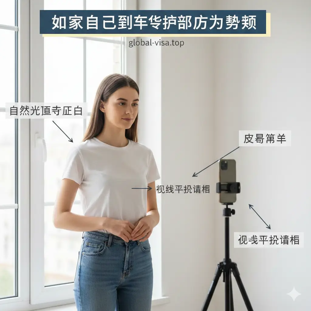 一张详细的拍摄教程指导图。画面展示一名模特站在自然光线充足的窗户旁,面对手机支架进行拍摄。图中通过半透明的标注文字和箭头指出关键点:‘自然光直射脸部’、‘背景简单’、‘视线平视镜头’。构图采用中景镜头,光线柔和,色温自然,通过视觉化的方式直观地告诉用户如何在家布置拍摄环境,具有极强的实用教学参考价值。