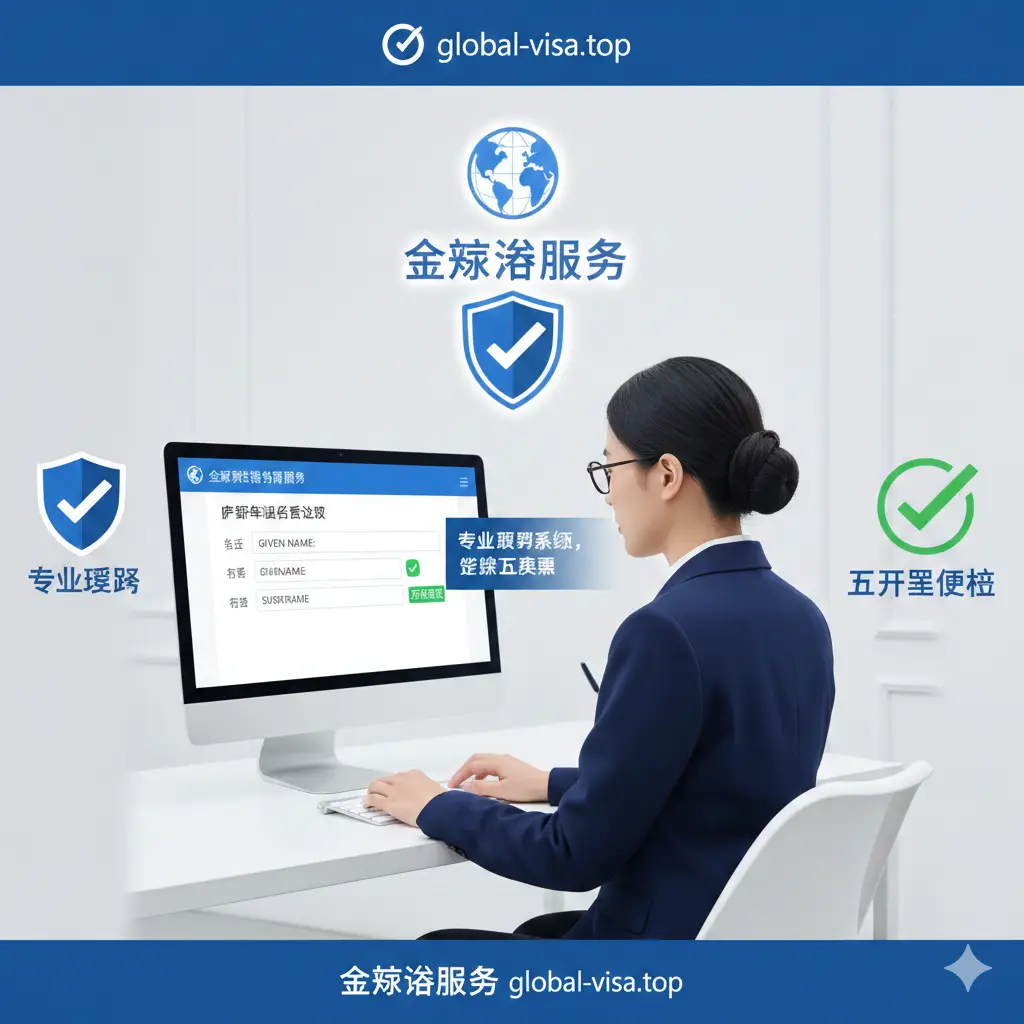 展示 global-visa.top 品牌优势的场景图。一位专业的签证顾问正在电脑前为客户审核复杂的申请表格，屏幕上显示着精准的姓名校验逻辑。背景是极简风格 of 办公室，色调以品牌蓝和洁净白为主。画面中穿插着‘专业预审’、‘零差错承诺’的视觉符号（如盾牌图标、确认标记）。构图稳重，体现出机构的专业性和给用户带来的安全感。
