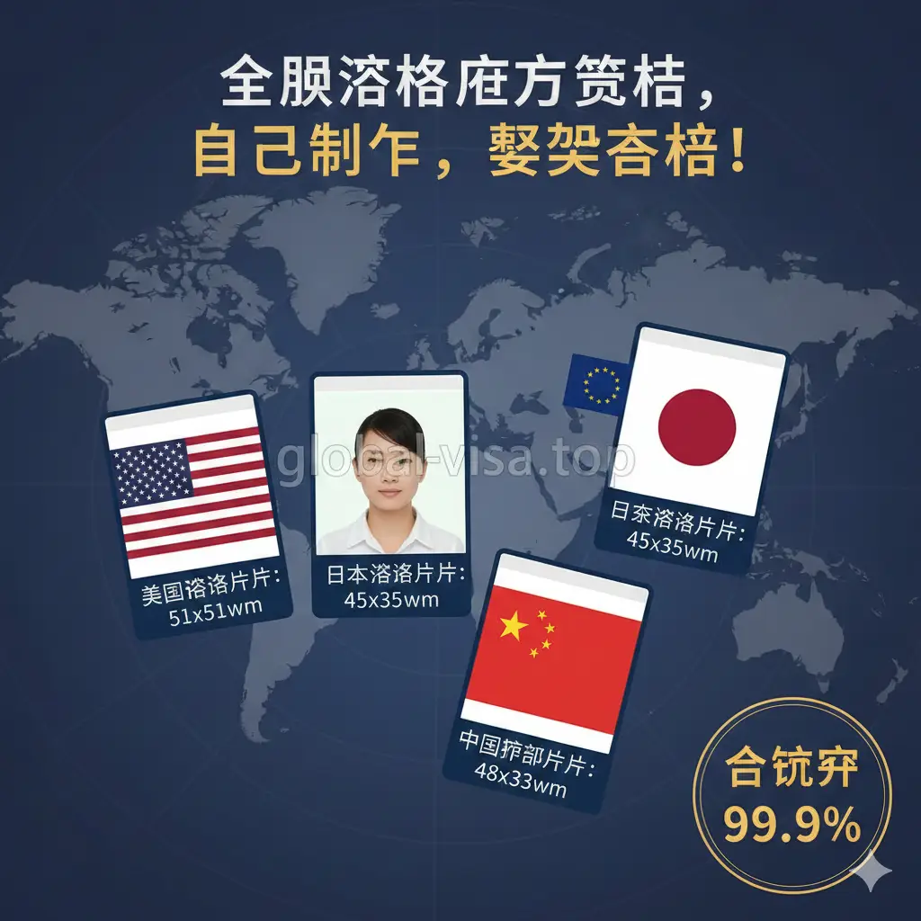 展示全球规格覆盖能力的优势图。画面中散布着不同国家的护照照片样例,包括美国签证(2x2英寸)、日本签证、申根签证和中国护照照片,每张照片旁标注对应的国旗和精准尺寸数字。背景是一个半透明的世界地图,体现出global-visa.top数据库的全球化和权威性。视觉风格偏向商务与专业,色彩丰富但不杂乱,强调‘合规率99.9%’的核心卖点。