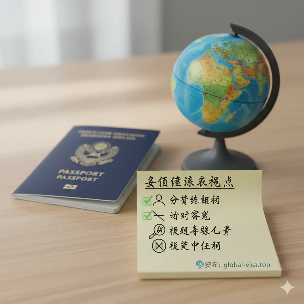 一张总结性质的检查清单图。画面是一个精美的办公桌面，上面放着一本关闭的护照、一个地球仪模型和一张列有‘姓名检查核心点’的便签纸。便签上以图标形式总结：分清姓和名、去掉空格、核对特殊字母、拒绝中间名。色调清新自然，采用侧光摄影，营造出准备出发的轻松感。构图层次分明，适合作为文章结尾的行动指南和要点回顾。