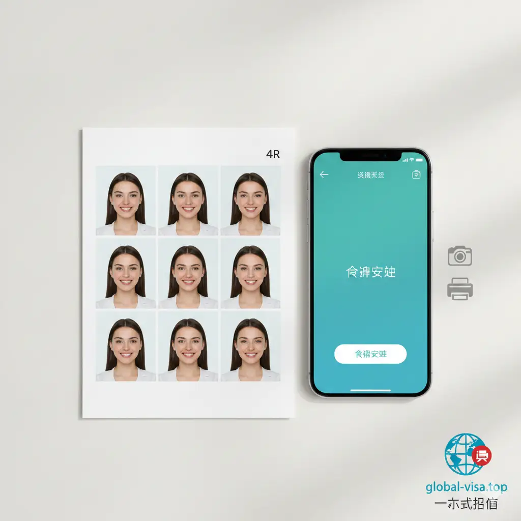 总结性图片,展示制作完成后的最终成果。画面展示一张标准的6寸(4R)相纸排版效果,上面整齐排列着8张相同规格的护照照片。旁边放着一部显示‘保存成功’提示的手机。整体氛围轻松愉快,色彩明快。右下角带有global-visa.top的Logo和‘一站式搞定’的字样,给人以完整、闭环的服务体验感,鼓励用户立即尝试制作。