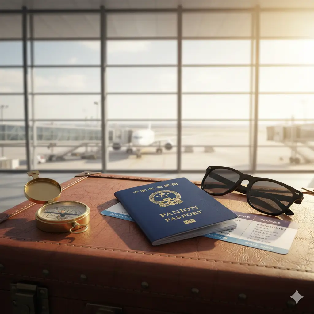 一张极具电影感的广角构图封面图。画面中央是一本深蓝色的中国电子护照，放置在精致的棕色皮质旅行箱上。旁边点缀着复古指南针、一副高质感的墨镜和一张虚化的国际机票。背景是明亮的现代化机场航站楼落地窗，阳光洒在护照表面的金色国徽上，泛起微光。整体色彩温暖且充满探索世界的渴望，色调明亮，展现高端全球出行的视觉氛围。