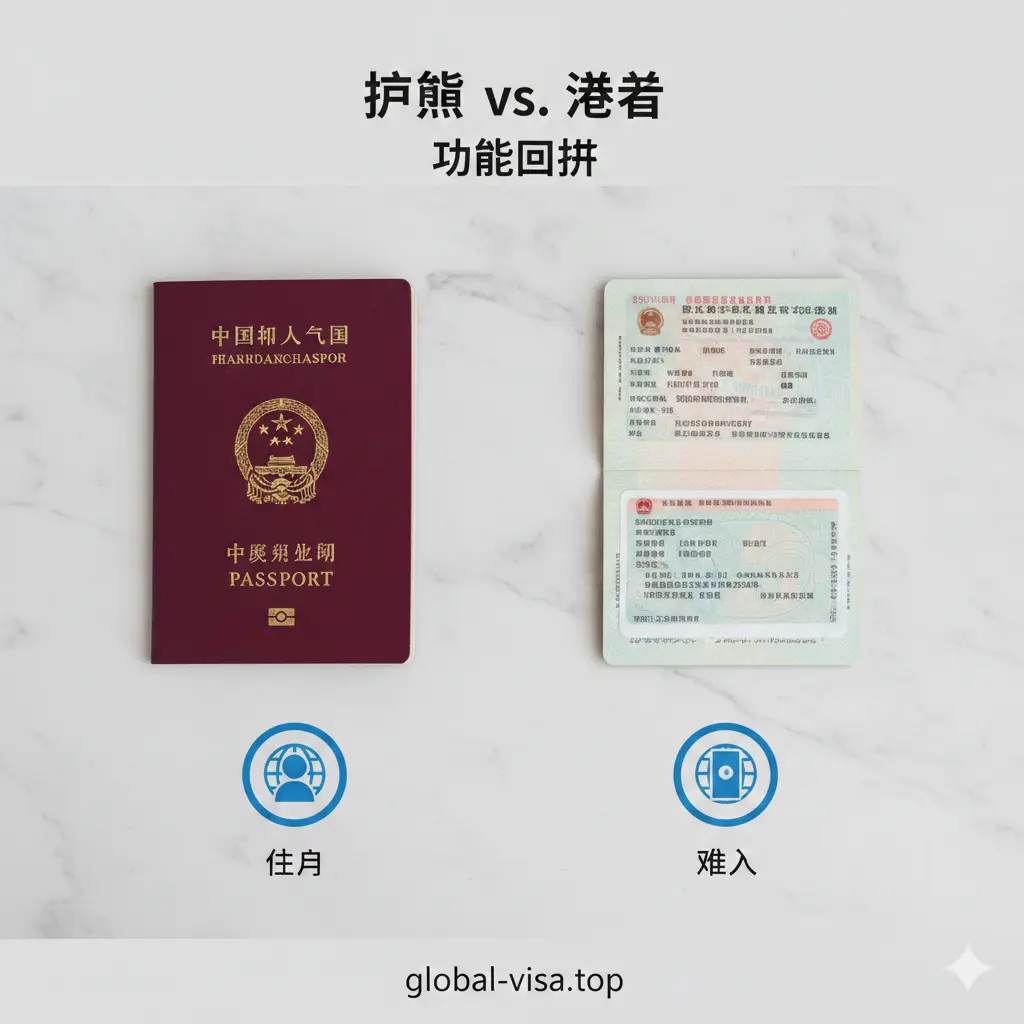 一张清晰的功能对比示意图。采用左右对等构图，左侧展示一本护照及其内部的身份信息页，右侧展示贴在护照上的彩色纸质签证。背景是简洁的浅灰色大理石桌面，光线均匀。画面中利用精致的UI图标元素（如人物头像图标、地球经纬线图标）标注出护照代表‘身份’，签证代表‘准入’的概念。风格专业、严谨且具有教育意义，冷色调处理使文字信息更易读。