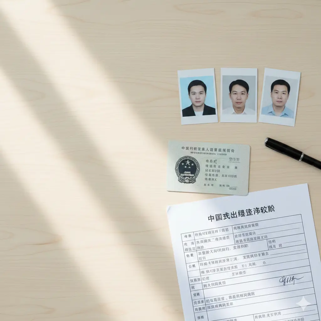 展示护照办理流程的教程感图片。画面采用俯拍视角（Flat Lay），桌面上整齐摆放着白底护照证件照片、黑色签字笔、身份证原件以及一份填好的申请表格。光线模拟自然窗光，柔和且明亮。画面左侧留有一定的负空间以便后期添加排版。色调清爽，以白、蓝、灰为主，强调办事流程的高效、规范与简洁感，给读者一种轻松按步骤操作的心理暗示。