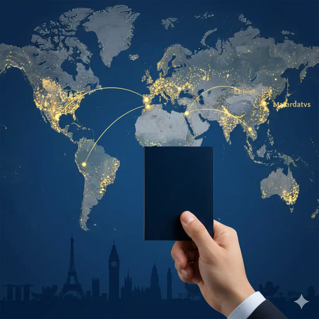 体现护照含金量与全球免签优势的视觉图片。画面以暗色的世界地图为背景，地图上的免签目的地（如东南亚、马尔代夫）以金色亮点标出。前景是一只手握着护照伸向远方，虚化背景是著名的全球地标（如埃菲尔铁塔、大本钟、新加坡鱼尾狮）的剪影。色彩对比鲜明，金色与深蓝色的搭配彰显‘黄金钥匙’的尊贵感，象征着持有护照即可开启无限可能的全球旅程。