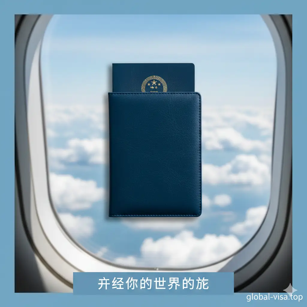 文章总结性图片。画面中心是一个合上的精致护照夹，露出护照的一角，背景是模糊的飞机舷窗外的蓝天白云。构图简洁有力，画面下方通过光影设计营造出一种‘整装待发’的宁静感。整体风格清新、舒畅，象征着所有准备工作已就绪，完美的旅行即将开始。色彩以天蓝色和纯白色为主，给读者留下一个专业且充满希望的品牌印象，引导用户进行下一步的签证咨询。
