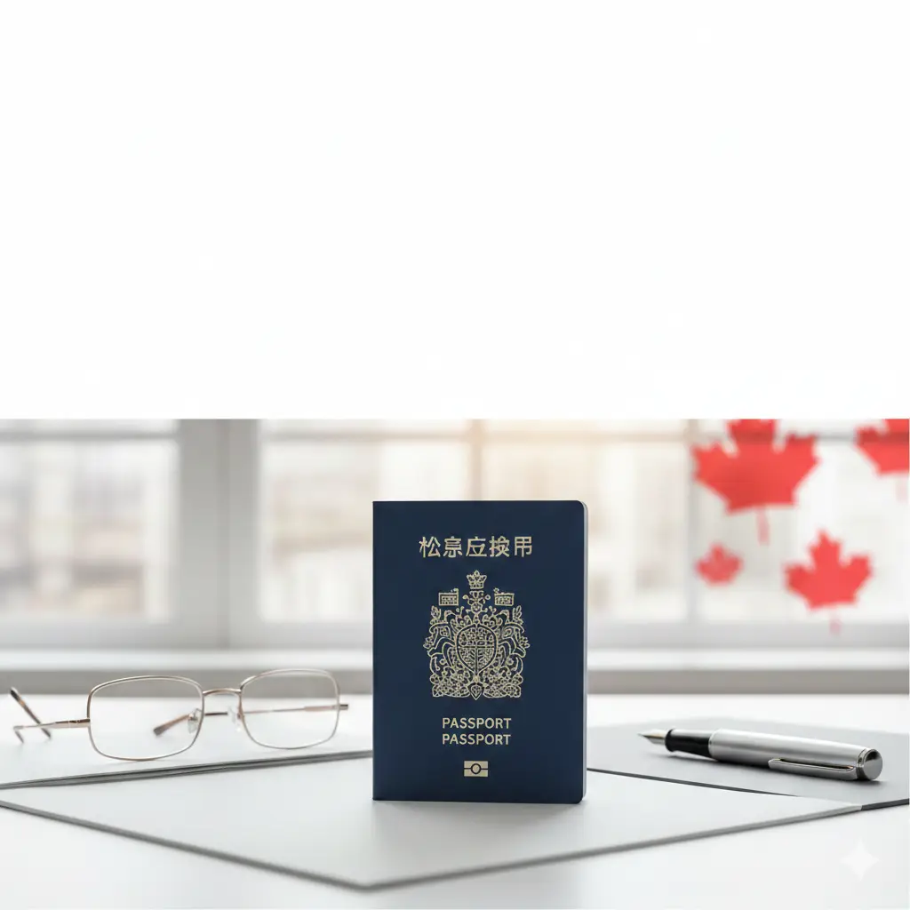 一张高质量的封面大图，前景是一个深蓝色的加拿大护照原件清晰地放在干净的木质桌面或白色极简办公面上。旁边点缀着一副精致的眼镜和一支昂贵的钢笔。背景柔和虚化，隐约可见枫叶元素和明亮的自然光线。画面上方或侧方留白，方便后期添加‘2025版续签全攻略’的文字标题。色彩基调以加拿大国旗的红色与护照的深蓝色为主，整体风格专业且具有权威感。