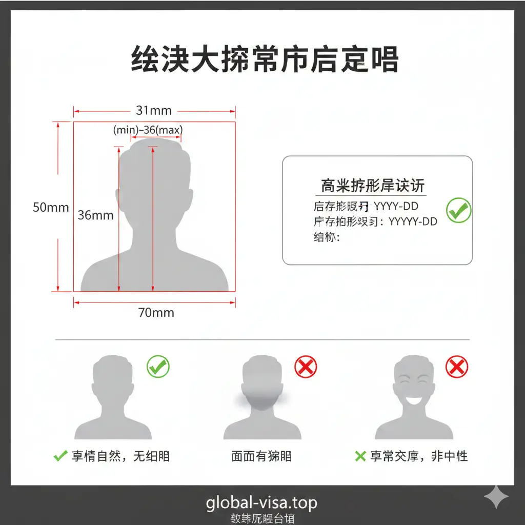针对‘照片要求’的教程示意图。图片展示一张标准的加拿大护照人像剪影，周围标注着精细的测量线和尺寸数据（如50mm x 70mm）。右侧展示照片背面的印章示例，标明‘Commercial Photographer’。构图类似技术图解，使用红线和绿色对勾标注正确示范，红色叉号标注错误示范（如阴影、表情夸张）。风格严谨、科学，帮助用户精准避坑。