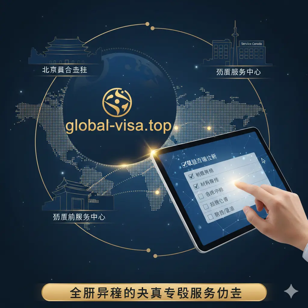 体现global-visa.top专业优势的意境图。画面中心是一个发光的‘Global-visa.top’品牌标识，周围环绕着中国北京大使馆、多伦多Service Canada办事处等标志性建筑的艺术化剪影。一只手正在熟练地在平板电脑上勾选Checklist，背景是连接全球的虚线地图。色调采用富有科技感和信赖感的深蓝色与金色，强调全球视野下的华人专属服务优势。