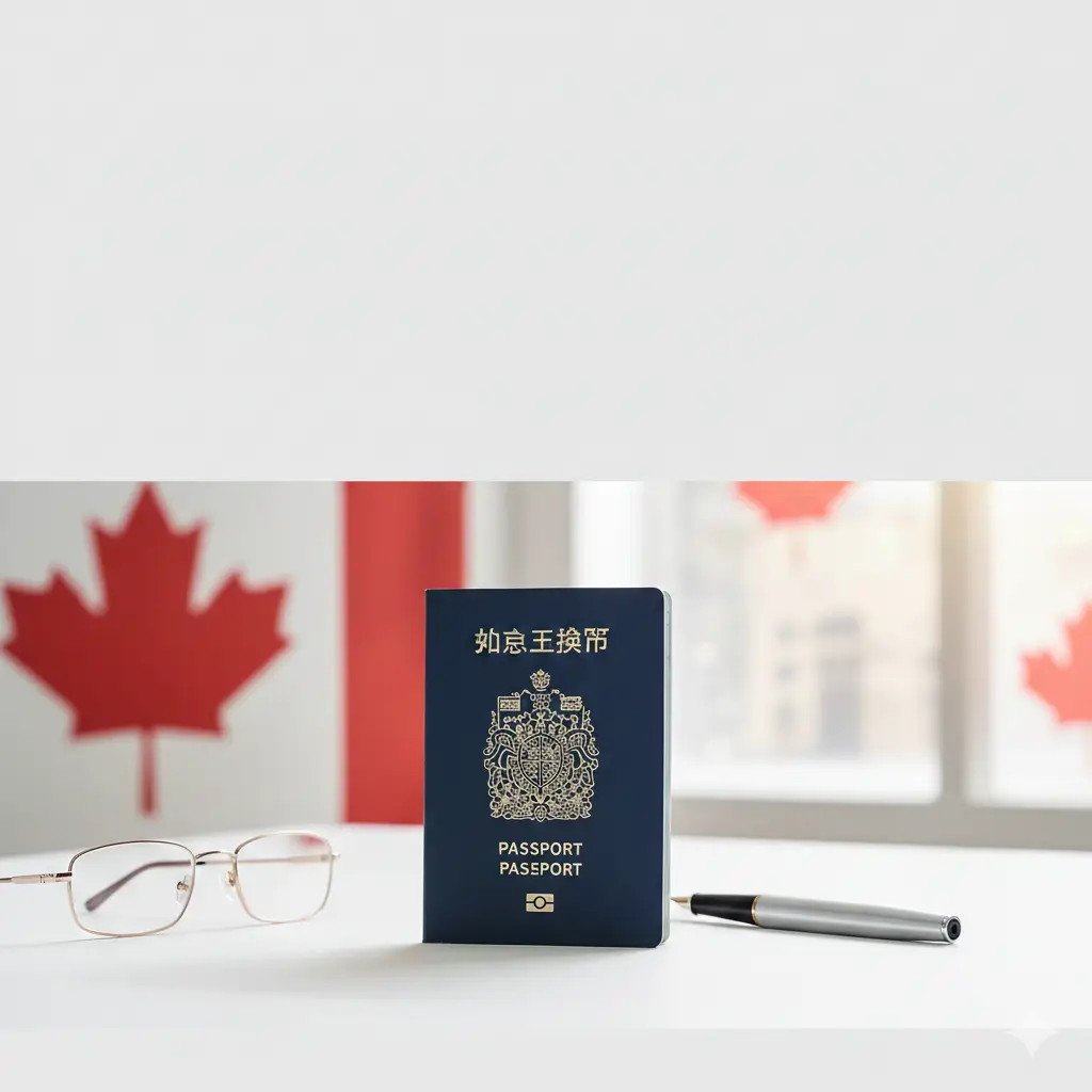 总结性图片的视觉设计，采用温馨的居家或旅行出发场景。画面中，一本全新的加拿大护照和旧护照并排摆放在行李箱旁，旧护照一角被整齐地剪开，象征着换发成功。背景是窗外明媚的阳光。画面中融入简洁的Checklist小图标，如‘照片已盖章’、‘联系人已确认’等。整体氛围轻松、成功，给读者带来办理完成后的如释重负感，色彩温暖明亮。