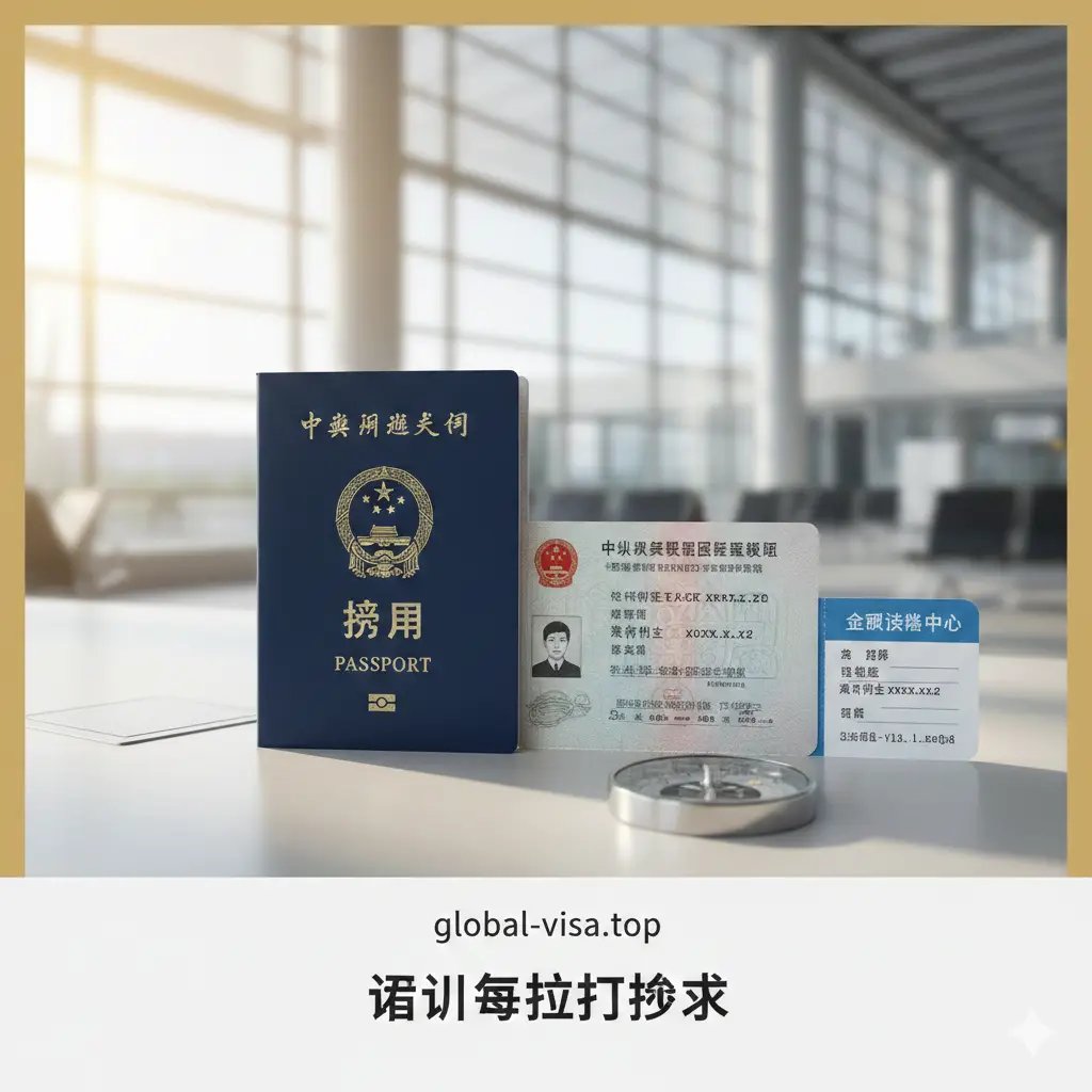 一张高质量的商务旅行风格封面图。画面中心是一本深蓝色的中国护照和一张中国二代身份证，平放在一张整洁的办公桌上，旁边放着一个高档指南针和一张国际机票。背景是模糊的航站楼候机大厅，阳光透过落地窗洒在证件上。色调专业且明亮，强调‘证件有效期’的重要性，构图采用黄金分割比例，营造出严谨的旅行安全氛围。