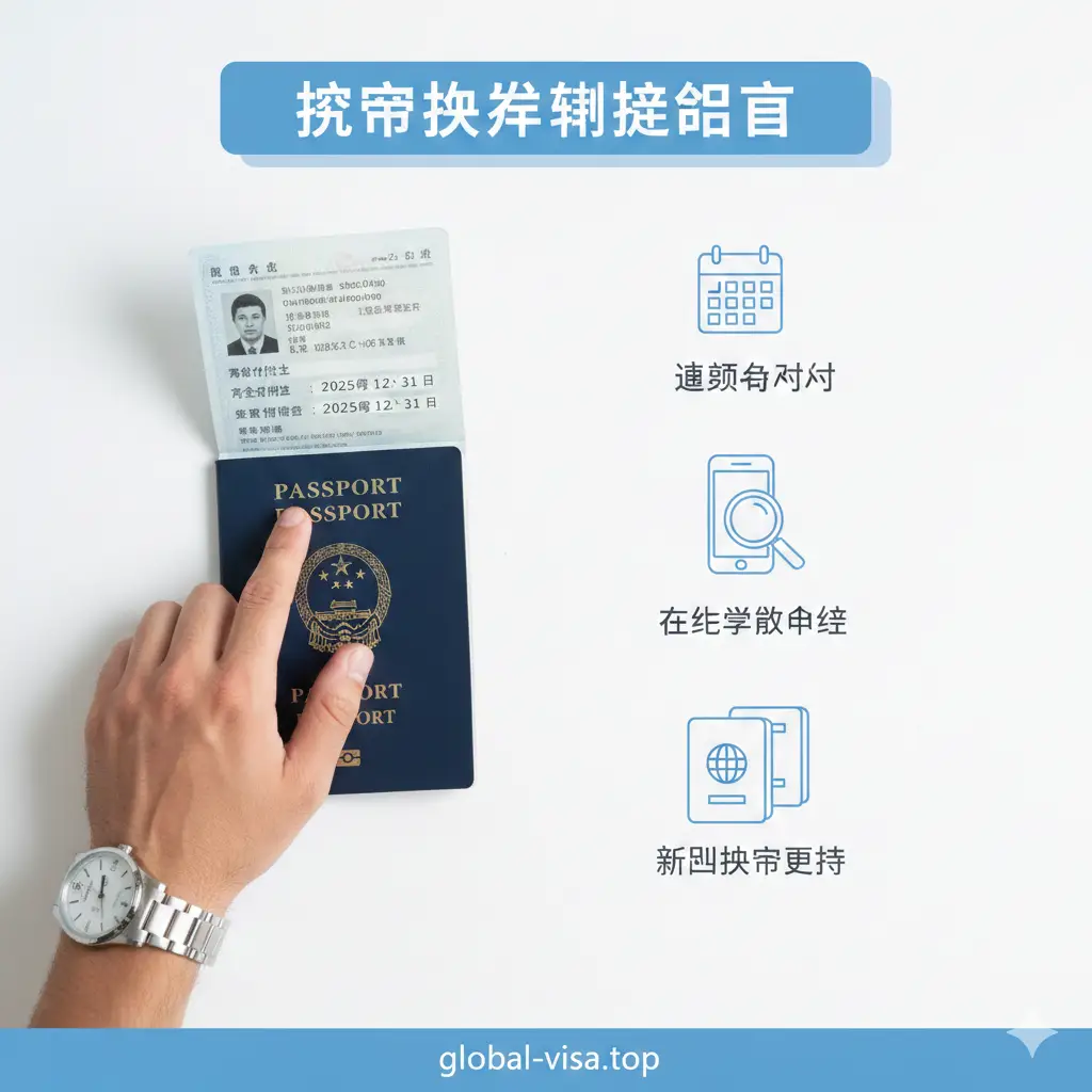 一幅步骤指导风格的图片，展示如何查看护照有效期并进行换发衔接。画面中有一只戴着职业腕表的手，正在翻阅护照首页，并用手指指向‘有效期至’栏。周围分布着简约的步骤图标，如预约申请、新旧护照更替。色调以清爽的白色和天蓝色为主，光线柔和，构图从上方俯视，旨在为读者提供清晰的办事引导流程感。