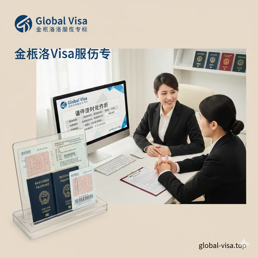 体现Global Visa专业服务优势的场景图。一名专业的签证顾问正微笑着与一位面带忧虑的客户交谈，屏幕上显示着证件有效期计算器界面。画面左侧展示‘两本护照、一个有效签证’的成功案例，体现旧护照签证页完好保留。色调温馨且具信任感，强调品牌在解决护照过期签证转移方面的专业度与安全性，构图具有透视深度。