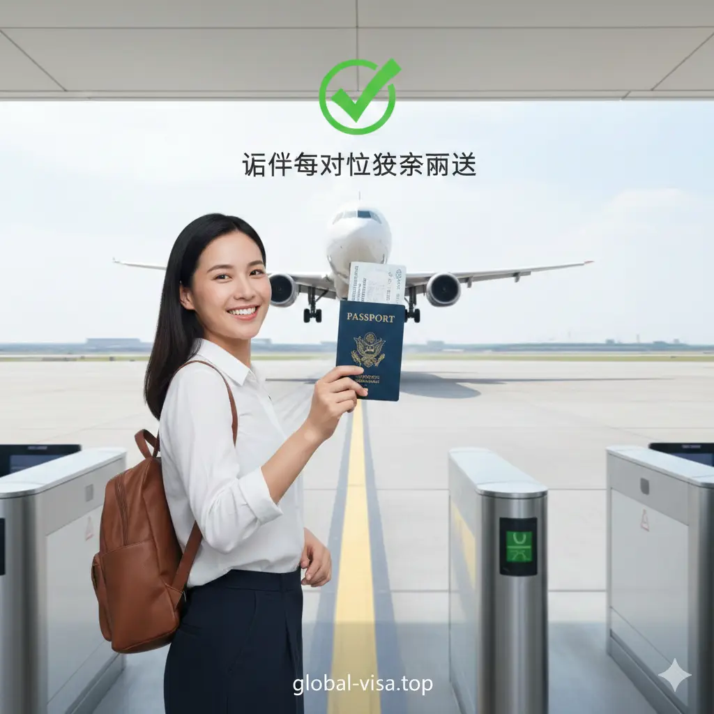 总结性视觉图片。画面展现一名满面笑容的旅行者在机场出境口顺利通过安检，手中紧握着新换发的护照。画面上方有一枚显眼的绿色对勾标记，象征着‘证件有效期检查通过’。背景是飞机的起飞跑道，整体色彩明快生动，充满动感，旨在给读者传递一种证件合规后无忧出行的轻松心态，作为文章的完美结尾。