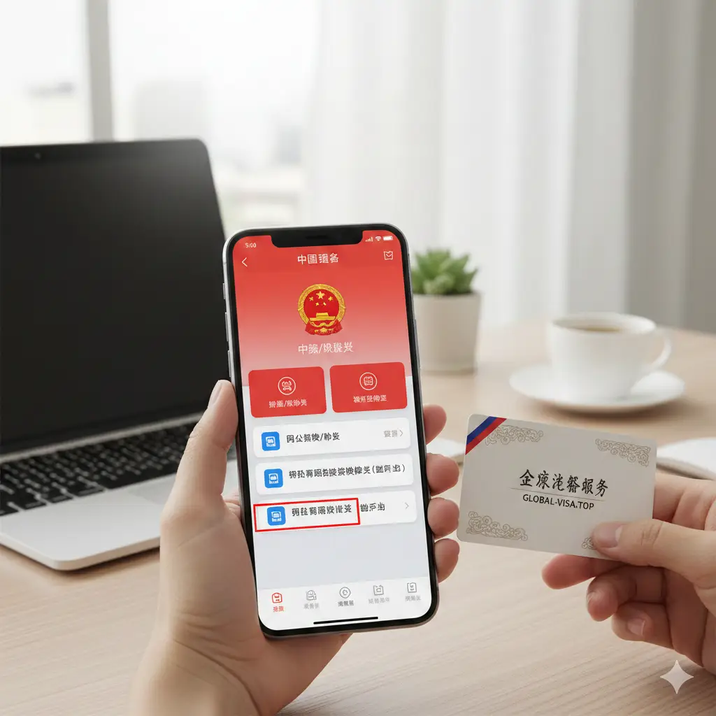 展示‘中国领事’APP在智能手机上的操作界面视觉。背景是现代化的居家办公场景，光线柔和。手机屏幕清晰展示APP的图标和办理护照的流程选择界面。旁边点缀着一张干净的全球签证服务卡片。整体色彩以中国红和科技蓝为主，采用景深效果突出手机屏幕，向用户传递出线上操作的便捷性与现代感。