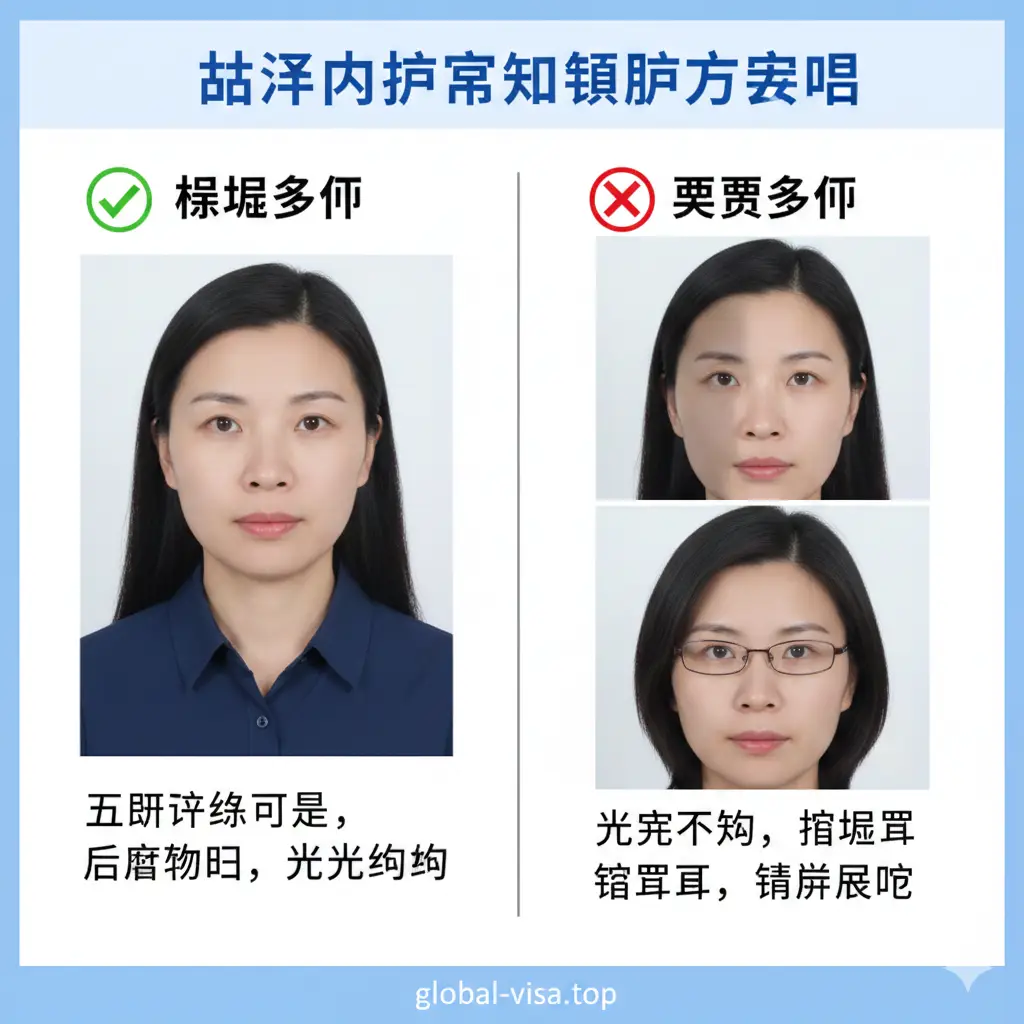 一张关于护照照片拍摄规范的对比教程图。左侧展示一名亚裔人士穿着深色衣服、露出五官、背景纯白的标准证件照示例，右侧通过红叉标注出光线不均、遮挡耳朵等错误范例。构图采用左右分割，背景色调清爽，标注文字清晰。图片风格写实且具有极强的指导意义，帮助用户直观理解global-visa.top的照片审核标准。