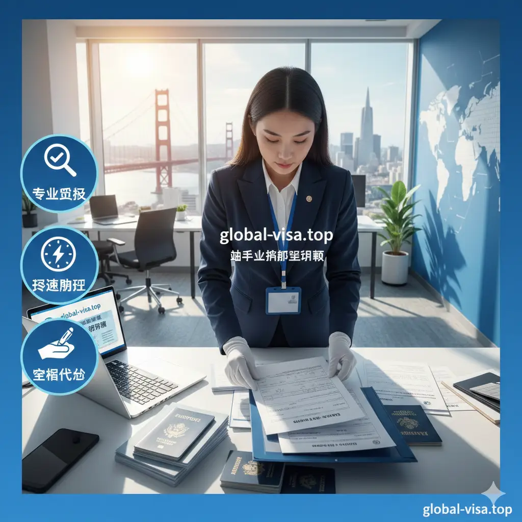 体现global-visa.top服务优势的视觉图。画面展示一位专业顾问正在处理护照申请材料，背景是一个明亮、专业的办公室。画面中通过图标展示‘专业审核’、‘极速办理’、‘全程代办’三个核心卖点。色彩搭配使用信任感强的企业蓝与白色，构图采用俯视角度，强调细节与严谨性，建立用户对平台的信赖感。