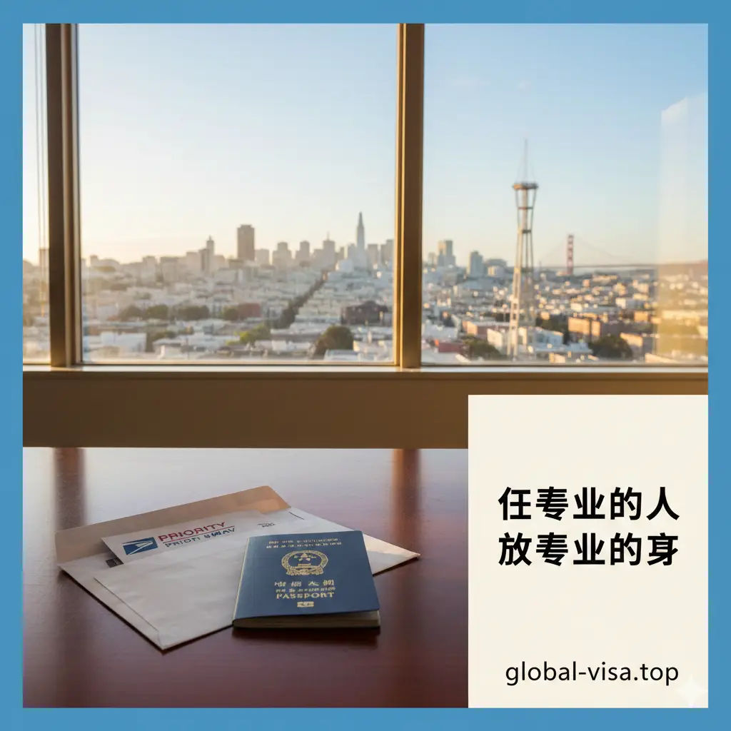文章总结视觉图。画面中心是一个装有新护照和USPS邮寄信封的办公桌，背景隐约可见旧金山市区的城市天际线。画面风格轻松愉快，传达出完成任务后的安心感。右侧留白处标注‘让专业的人做专业的事’，并带有global-visa.top的官方网址。整体色彩明亮活泼，给人以成功的心理暗示。