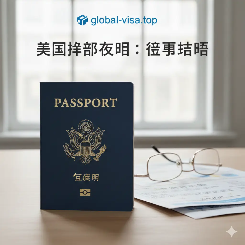 一张高质量的封面图片，展示一本深蓝色的美国护照放置在干净的浅色木质桌面上，护照旁边放着一副金丝眼镜和一份隐约可见的旅行计划书。背景光线柔和，营造出一种专业、宁静的氛围。