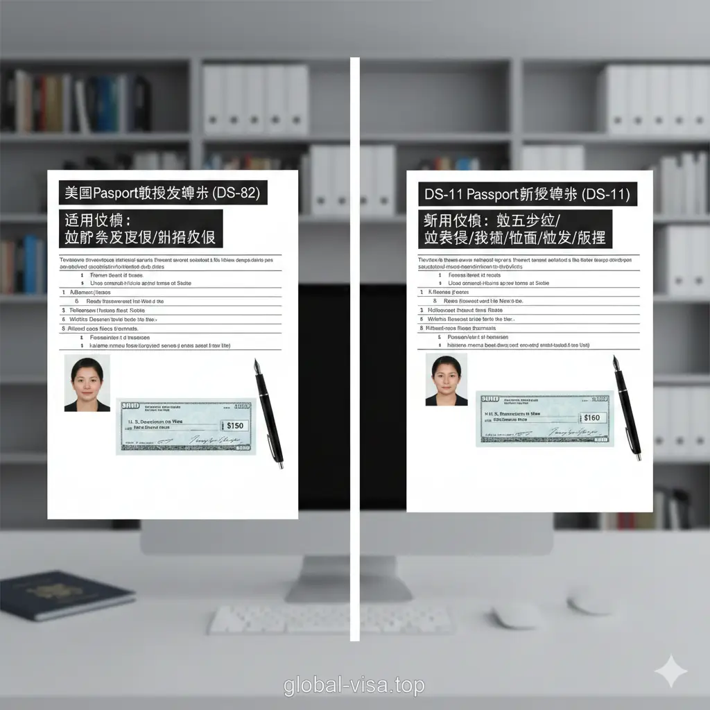 一张对比感强的功能展示图，画面左侧是DS-82表格，右侧是DS-11表格，中间用清晰的分割线隔开。背景是现代化的办公环境，略微模糊。图片中包含关键元素如黑色钢笔、护照照片和美金支票，直观展示申请流程中的核心文件。