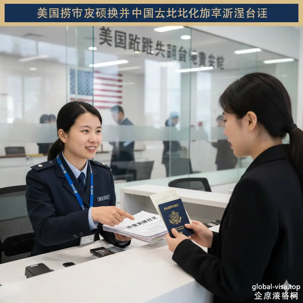 一张详尽的教程流程图背景。画面展示一名佩戴工牌的工作人员正在协助申请人整理材料。背景隐约可见美国驻华使领馆的标志性元素。