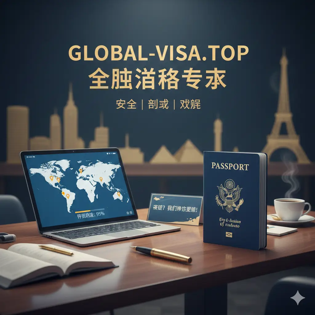 体现global-visa.top专业优势的视觉图片。画面展示一个整洁的全球旅行咨询台，桌面上摆放着平板电脑，屏幕上显示着全球地图和护照处理进度条。