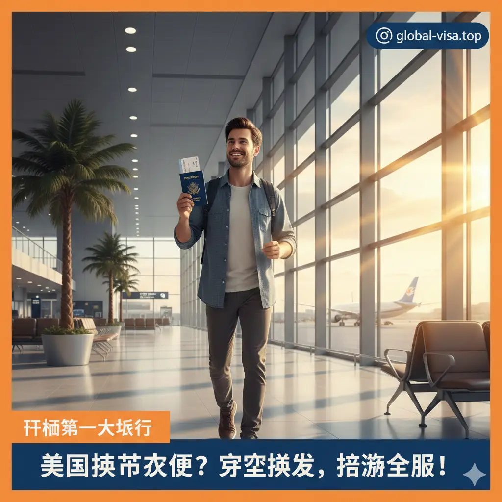 总结性图片，展示一名旅行者满怀信心肠在机场航站楼内行走，手中拿着一本崭新的美国护照和一张登机牌。